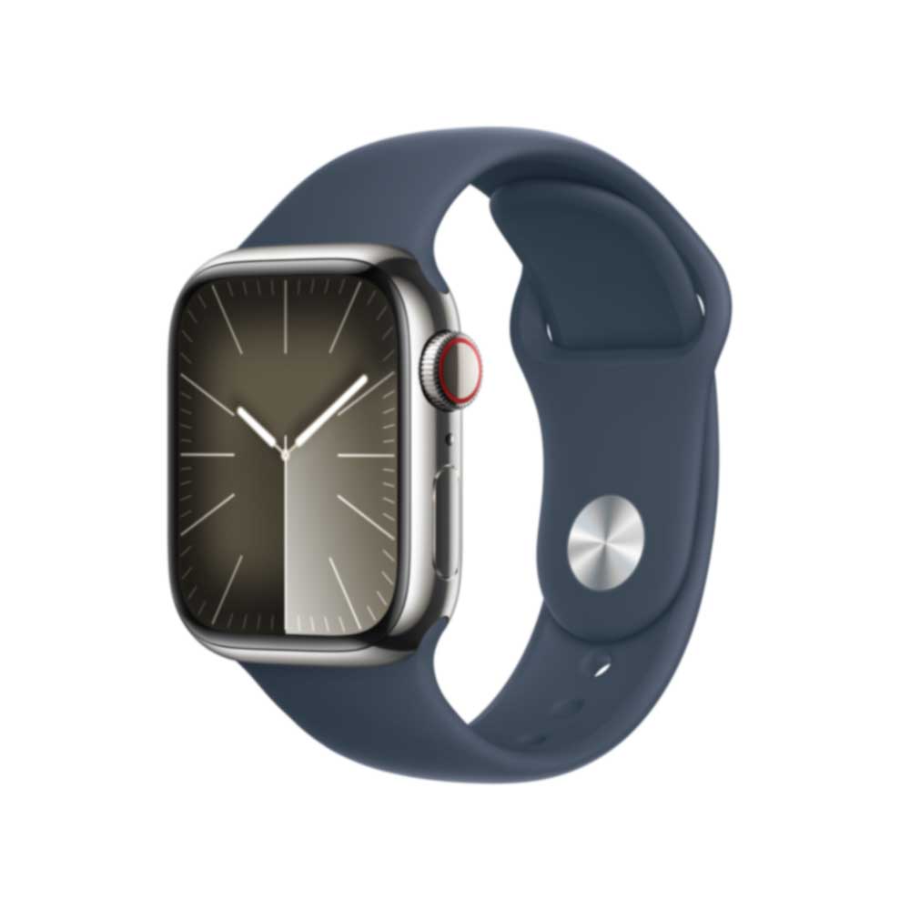 Купить APPLE Watch Series 9 GPS + Cellular 41mm Silver Stainless Steel Case with Storm Blue Sport Band - M/L (MRJ33QF/A) в магазине wardena.ru