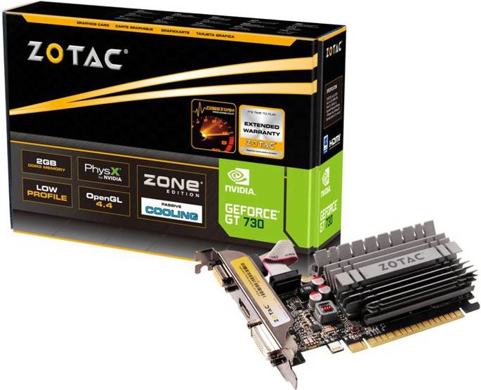 Купить ZOTAC GeForce GT 730 - ZONE Edition - Grafikkarten - GF GT 730 - 2GB DDR3 - PCIe 2,0 x16 Low Profile - DVI, D-Sub, HDMI - ohne Lüfter (ZT-71113-20L) в магазине wardena.ru