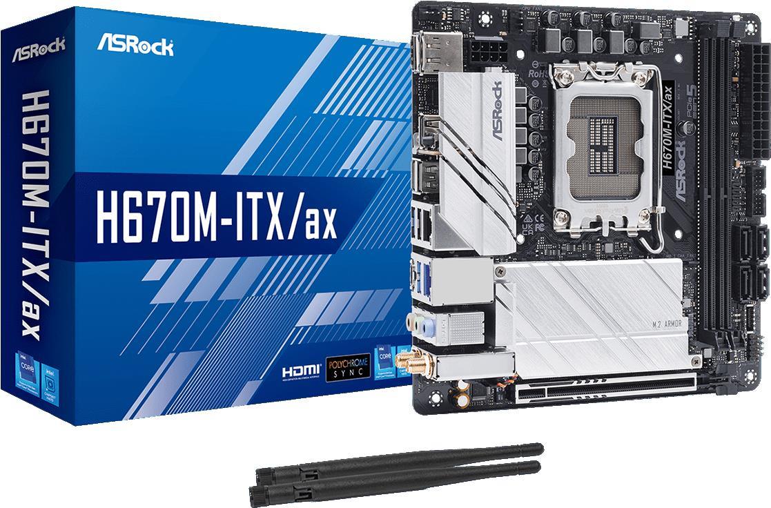 Купить ASRock H670M-ITX/ax - Motherboard - Mini-ITX - LGA1700-Sockel - H670 Chipsatz - USB-C Gen1, USB 3.2 Gen 1, USB 3.2 Gen 2, USB-C Gen 2x2 - Bluetooth, Gigabit LAN, 2.5 Gigabit LAN, Wi-Fi - Onboard-Grafik (CPU erforderlich) (90-MXBHZ0-A0UAYZ) в магазине wardena.ru