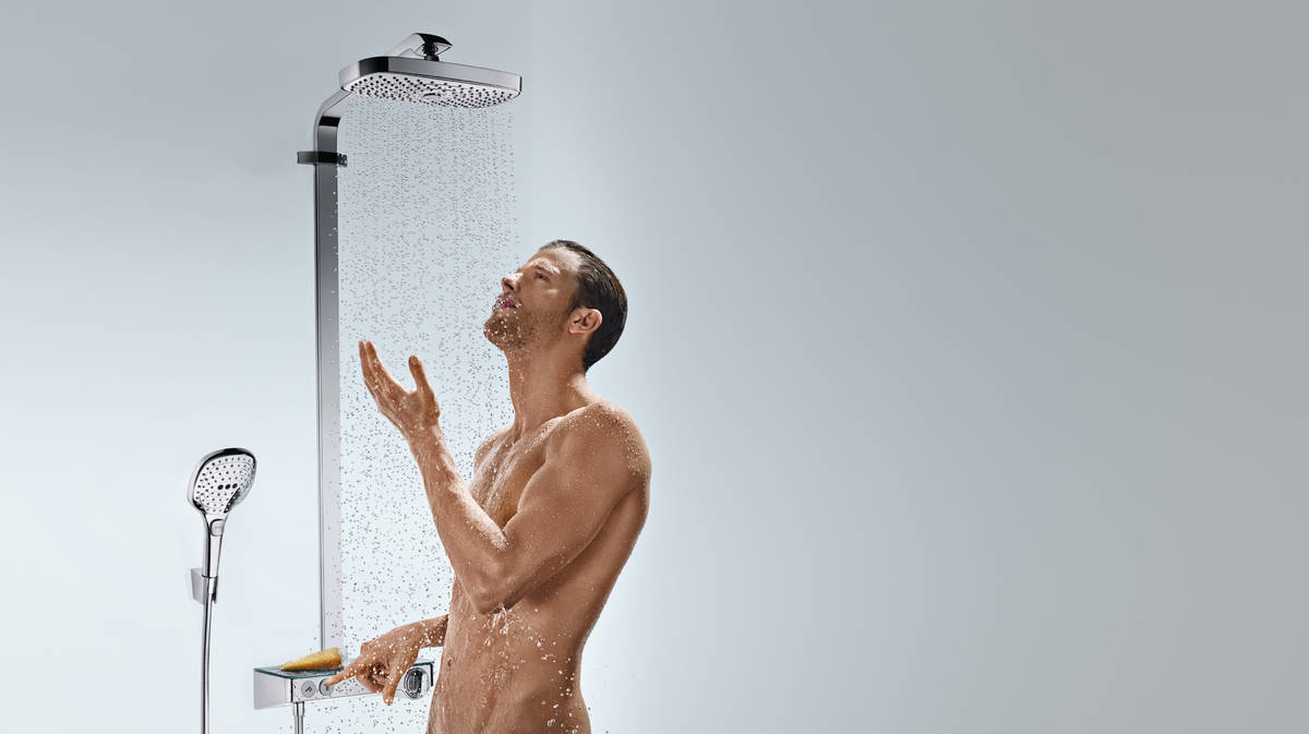 Купить Hansgrohe Raindance Select E Showerpipe 300 2jet Душевой набор с термостатом ShowerTablet Select 300 хром-белый матовый 27126400 в магазине wardena.ru