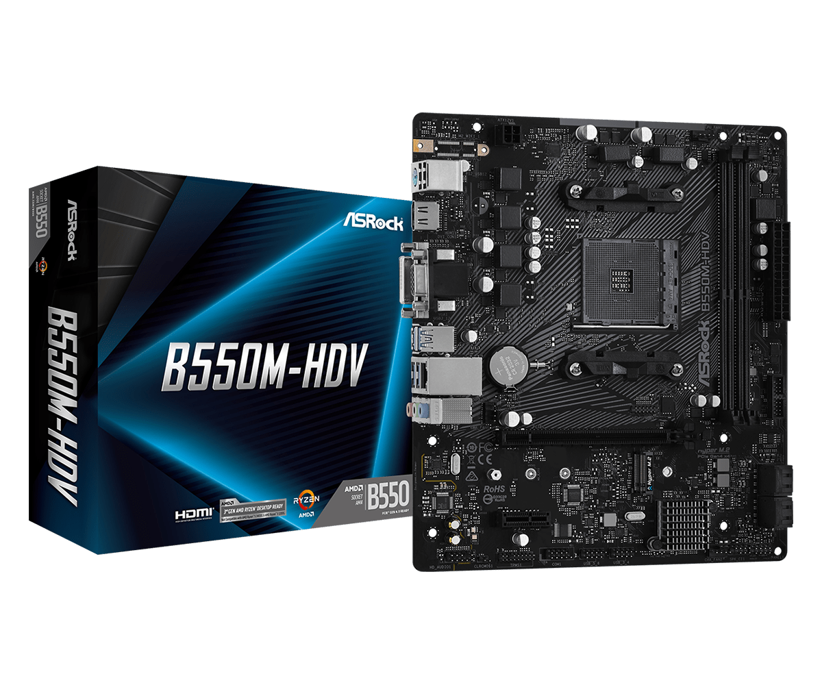 Купить ASRock B550M-HDV - Motherboard - micro ATX - Socket AM4 - AMD B550 Chipsatz - USB 3.2 Gen 1 - Gigabit LAN - Onboard-Grafik (CPU erforderlich) - HD Audio (8-Kanal) (90-MXBDJ0-A0UAYZ) в магазине wardena.ru