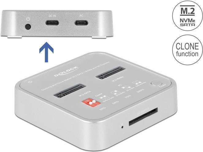 Купить Delock - SSD-Dockingstation Schächte: 2 - M.2 - M.2 NVMe Card - 10GBps - USB 3,2 (Gen 2) - Silber (64138) в магазине wardena.ru