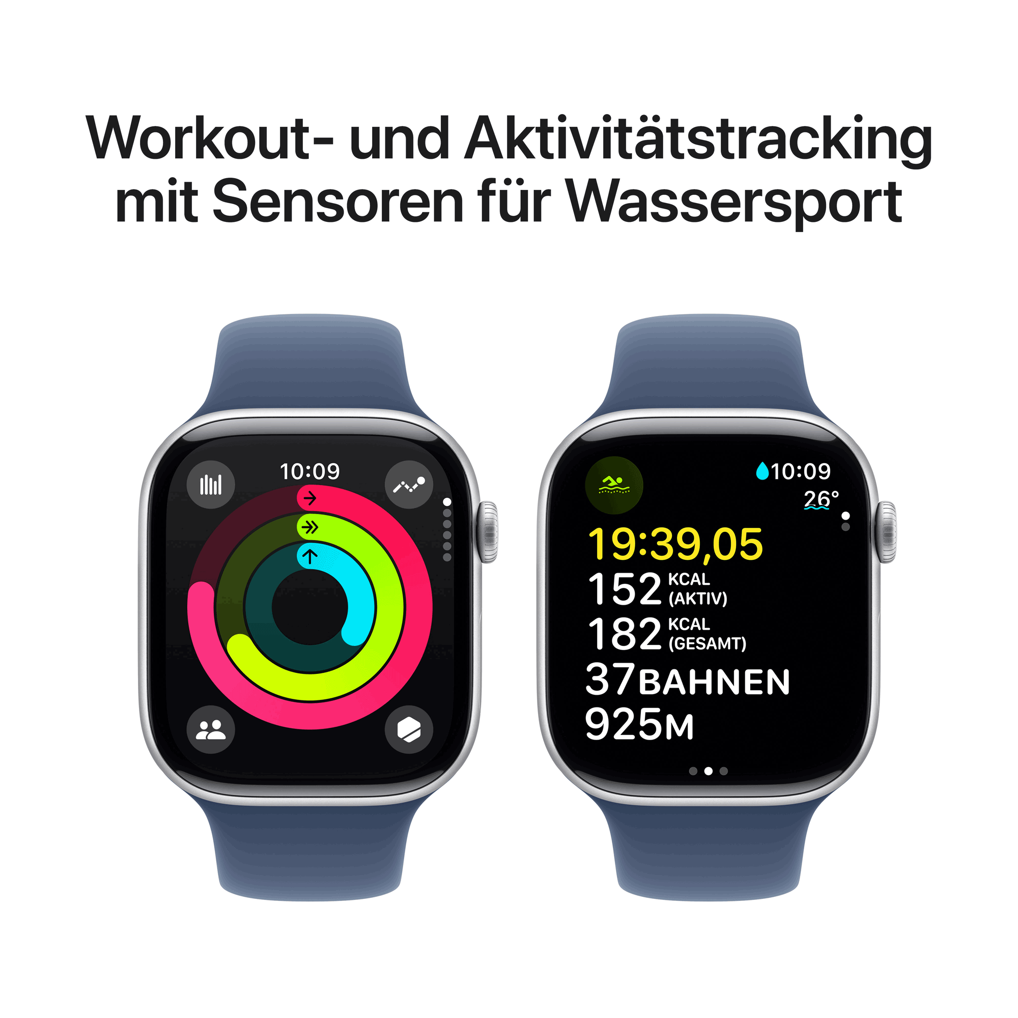Купить Apple Watch Series 10 GPS + Cellular 46mm Silver Aluminium Case mit Denim Sport Band - M/L (MWY13QF/A) в магазине wardena.ru