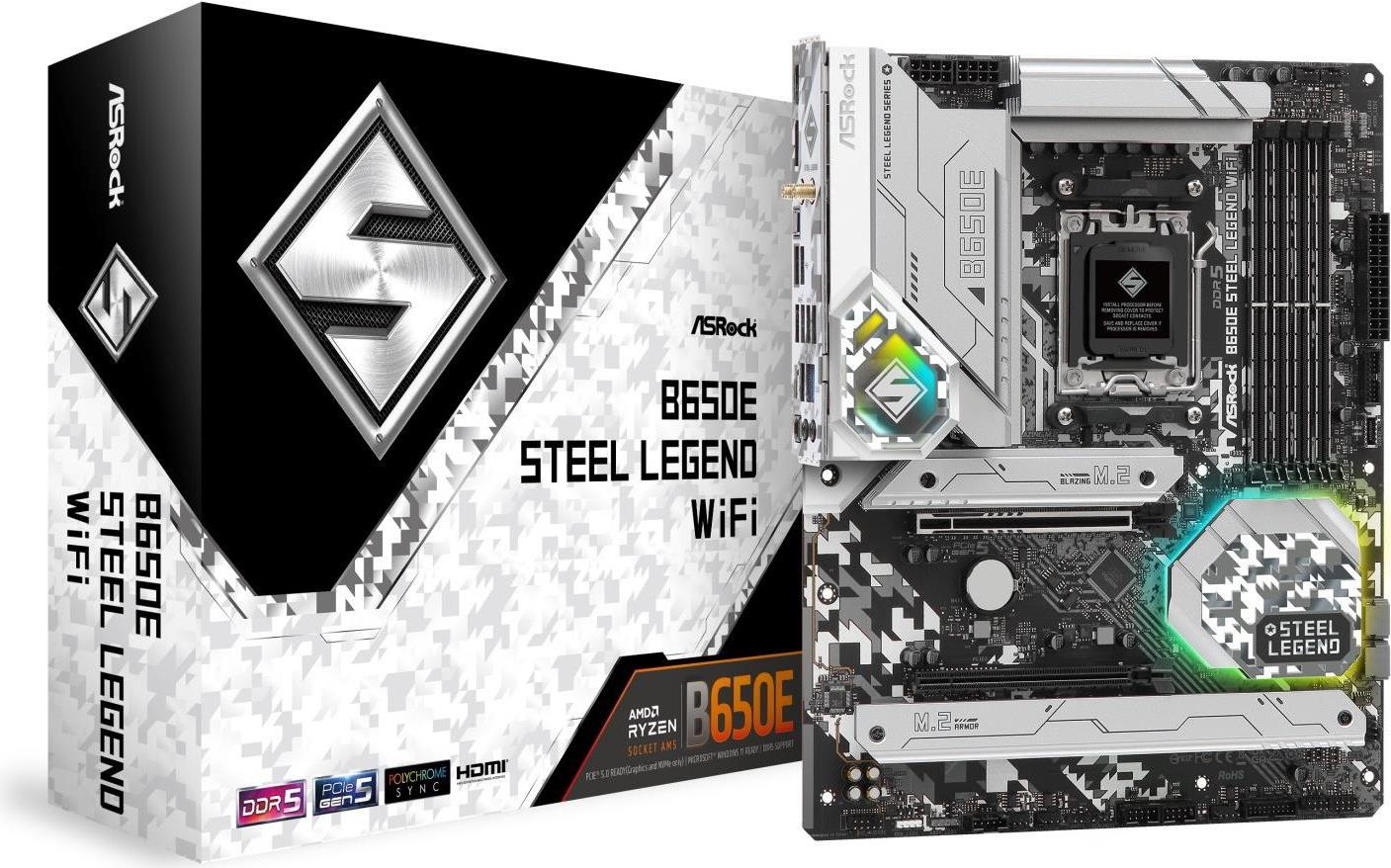 Купить ASRock B650E Steel Legend WiFi - Motherboard - ATX - Socket AM5 - AMD B650 Chipsatz - USB 3,2 Gen 1, USB 3,2 Gen 2, USB-C 3,2 Gen2, USB-C 3,2 Gen 2x2 - Bluetooth, 2,5 Gigabit LAN, Wi-Fi - Onboard-Grafik (CPU erforderlich (90-MXBJY0-A0UAYZ) в магазине wardena.ru