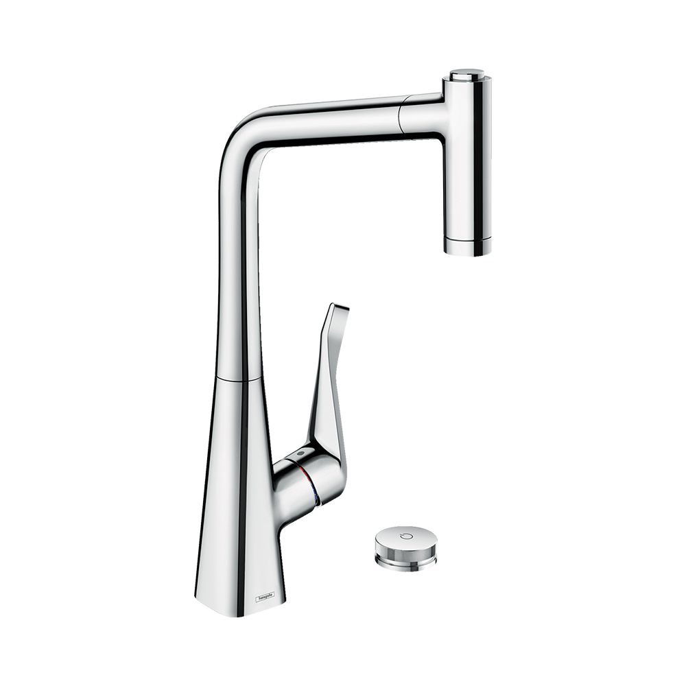 Купить Hansgrohe Metris Select M71 Кухонные смеситель на 2 отверстия однорычажный 320 с вытяжным душем 2jet sBox сталь 73806800 в магазине wardena.ru