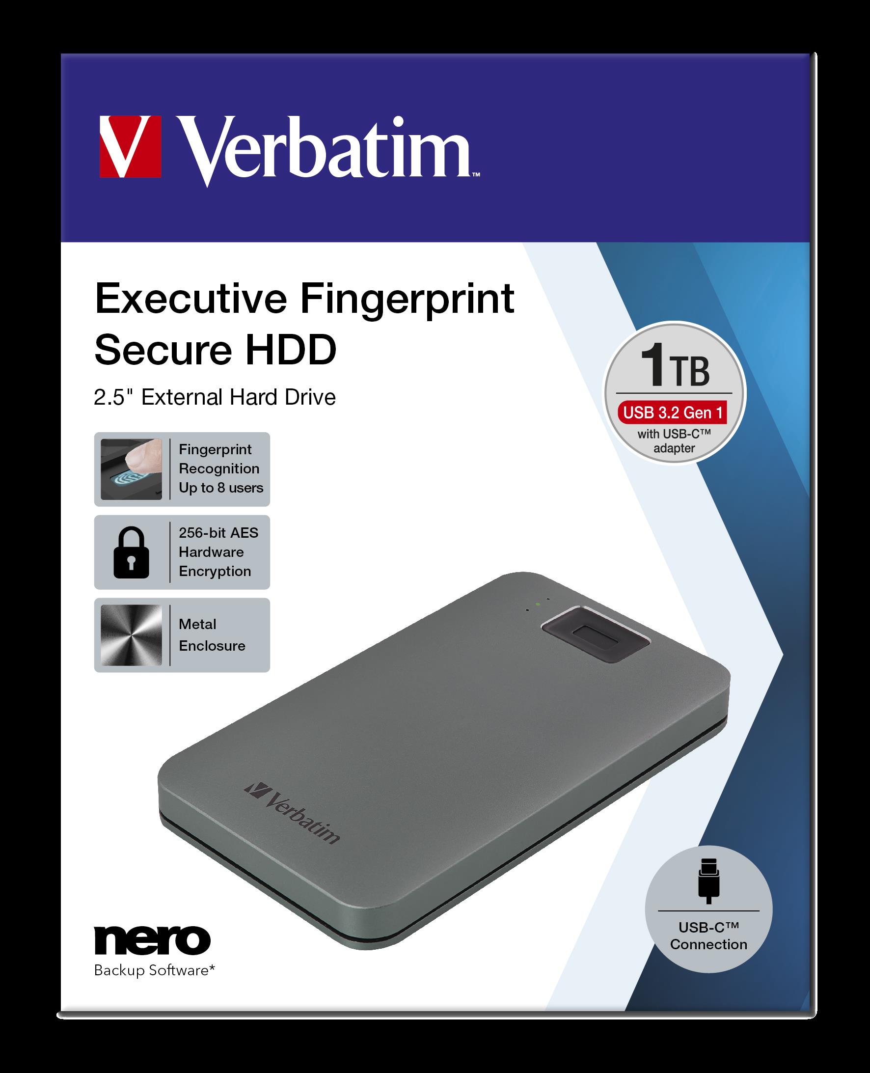 Купить Verbatim Executive Fingerprint Secure - Festplatte - verschlüsselt - 1TB - extern (tragbar) - USB 3,2 Gen 1 (USB-C Steckverbinder) - 256-Bit-AES (53652) в магазине wardena.ru