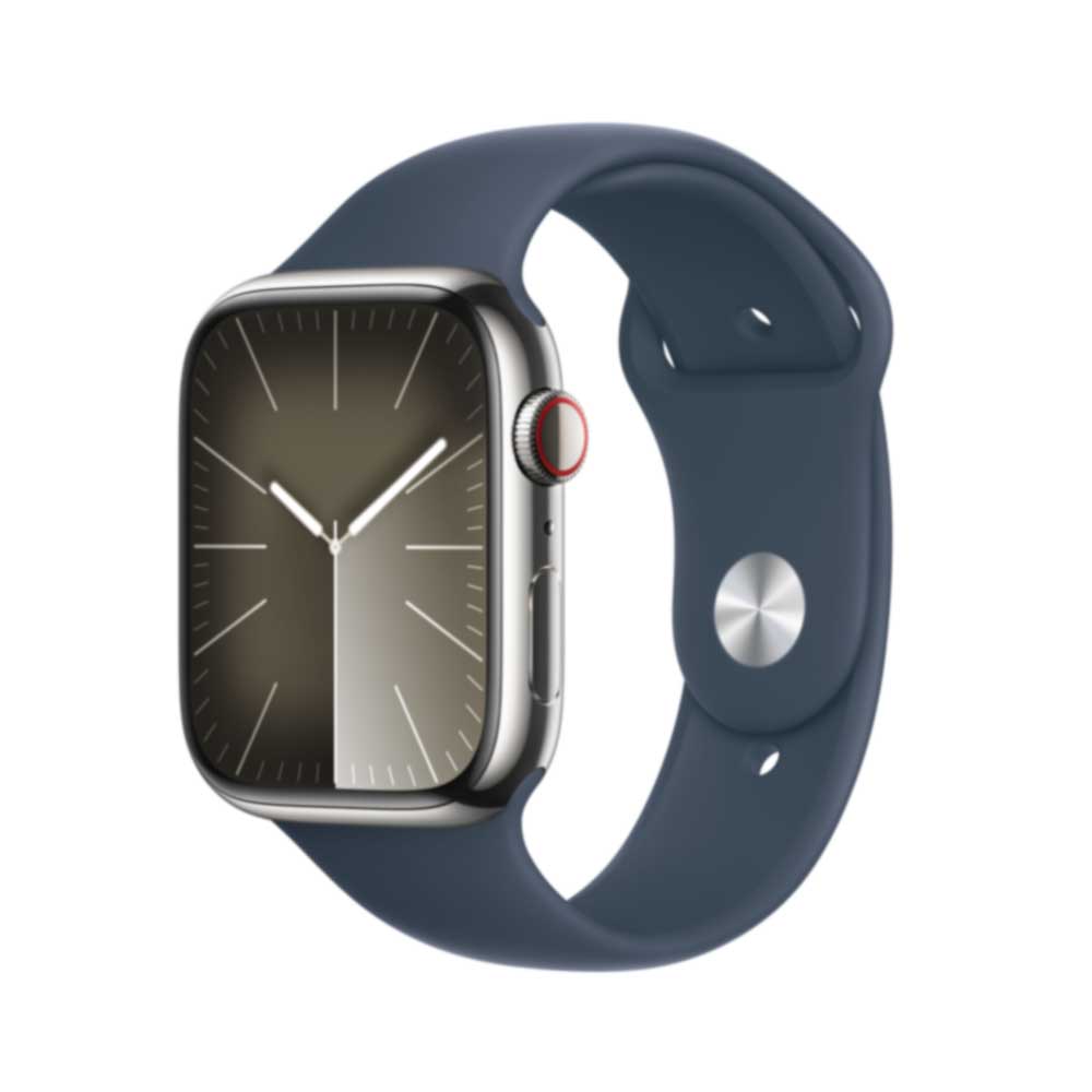 Купить APPLE Watch Series 9 GPS + Cellular 45mm Silver Stainless Steel Case with Storm Blue Sport Band - S/M (MRMN3QF/A) в магазине wardena.ru