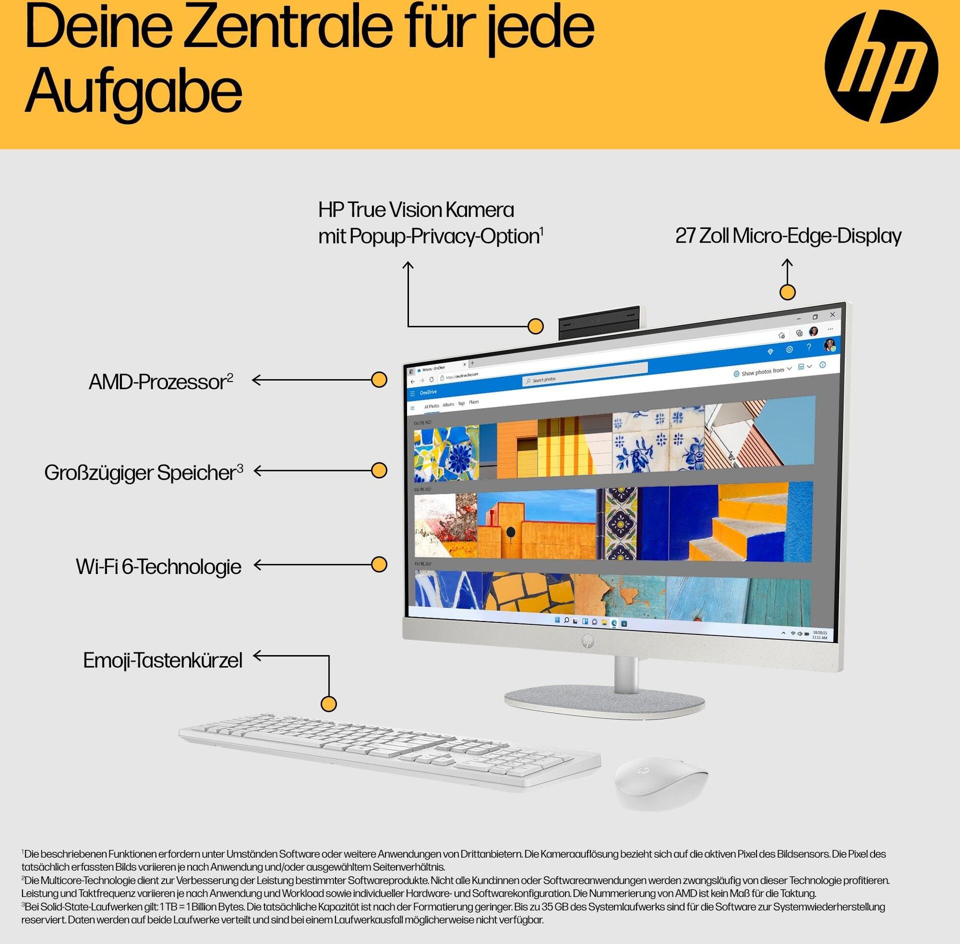 Купить HP All-in-One 27-cr0501ng PC AMD Ryzen™ 5 7520U 68,6 cm (27") 1920 x 1080 Pixel All-in-One-PC 8 GB LPDDR5-SDRAM 512 GB SSD Windows 11 Home Wi-Fi 6 (802.11ax) Weiß (A71BLEA #ABD) в магазине wardena.ru