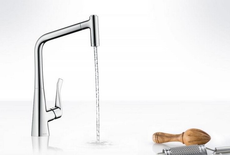 Купить Hansgrohe Metris Select M71 Кухонный смеситель однорычажный 320 с вытяжным изливом 1jet сталь 14884800 в магазине wardena.ru