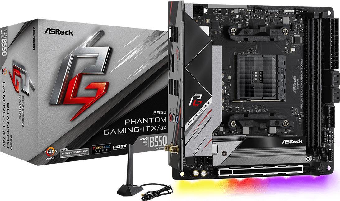 Купить ASRock B550 Phantom Gaming-ITX/ax - Motherboard - Mini-ITX - Socket AM4 - AMD B550 - USB-C Gen2, USB 3.2 Gen 1, USB 3.2 Gen 2 - 2.5 Gigabit LAN, Wi-Fi, Bluetooth - Onboard-Grafik (CPU erforderlich) - HD Audio (8-Kanal) (90-MXBD40-A0UAYZ) в магазине wardena.ru