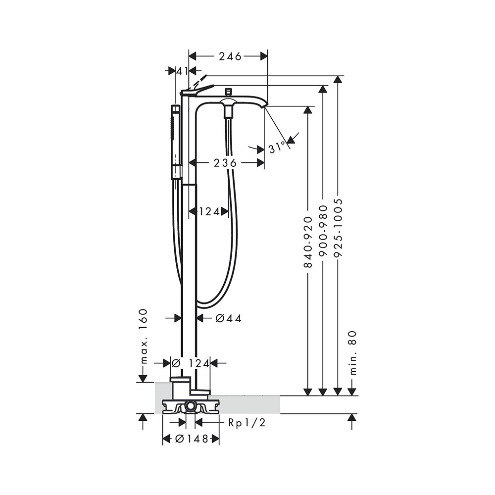 Купить Hansgrohe Vivenis Смеситель для ванны однорычажный напольный черный матовый 75445670 в магазине wardena.ru